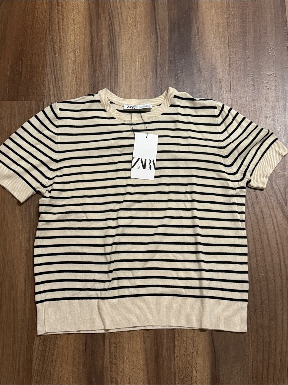 Zara Short Sleeve Striped Knit Top - Cream & Black